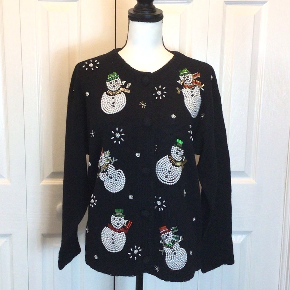 Victoria Jones Snowman Christmas Beaded Long Sleeve Cardigan Sweater Medium